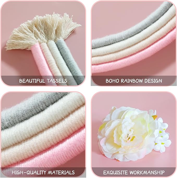 Newborn Photography Props Macrame Rainbow Decor Handmade Rainbows Newborn Photo Prop Rainbow Baby Photoshoot Props Bedroom Wall Decor Playroom Nursery Photo Props Accessories (Pink)
