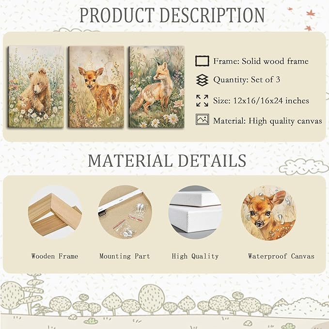 3Pcs Woodland Animal Nursery Canvas Wall Art Forest Animal Nursery Poster Prints Cute Wild Animals Painting Bear Deer Fox Artwork Picture Wall Decor for Boys Girls Room Playroom 16x24in Framed