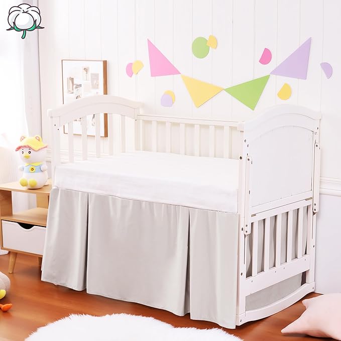 Crib Bed Skirt Dust Ruffle 100% Cotton - Natural, Soft, Breathable for Baby's Delicate Skin, Nursery Toddler Crib Bed Skirt for Baby Boys Girls, Fits Standard Cribs 28" x 52" with 14" Drop