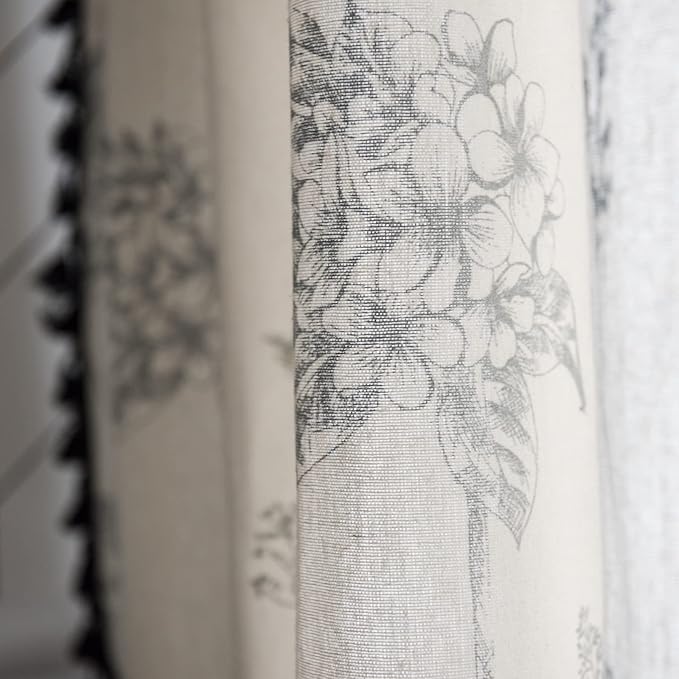 Boho Curtains 96 Inch Length 2 Panels Farmhouse Living Room Semi Sheer Drapes Vintage Floral Tassel Window Curtain Panel Bedroom Grey and Off White Cotton Linen Blend Rod Pocket Window Treatment