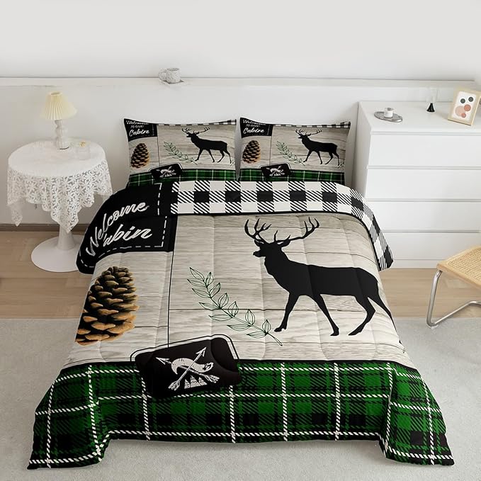 Deer Silhouette Kids Comforter Set King Size,Old Plank Leaves Bedding,Girls Boys Adults Bedroom/Xmas Cabin Decor,Geometric Grid Plaid Retro Down Comforter,Rustic Farmhouse Duvet Insert,2 Pillowcases