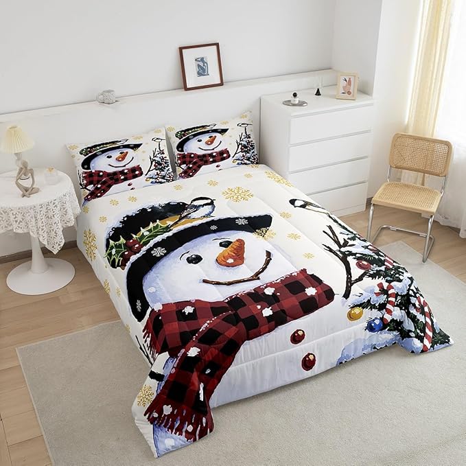Feelyou Kids Christmas Theme Decorations Bedding Set Xmas Snowman Comforter Set for Boys Girls Snowflake Kawaii Cute Beige Golden Bedroom Collection Full Size