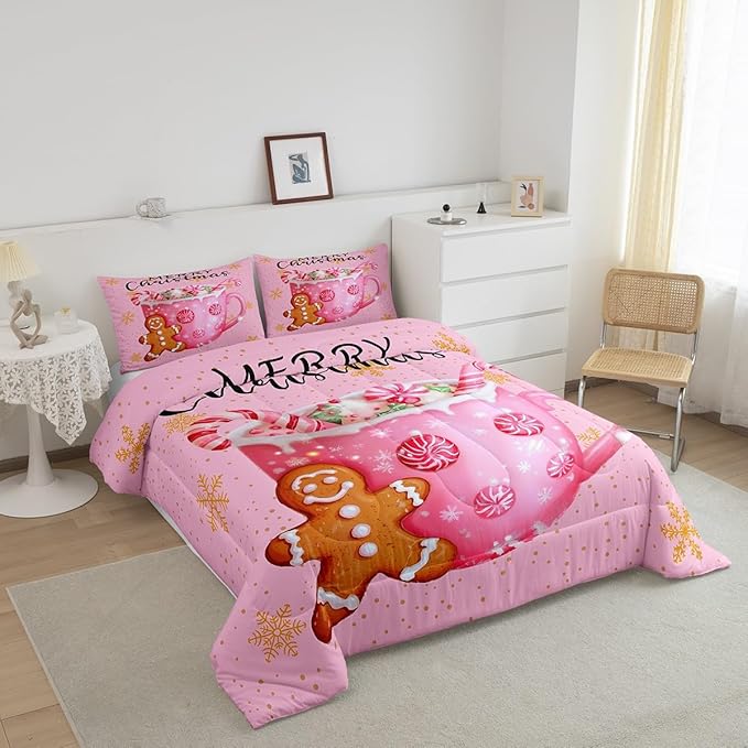 Erosebridal Merry Kids Queen Queen Comforter Set Christmas Decor Bedding Sets Pink Xmas Snowflake Down Comforter Dessert Gingerbread Man Bed Set for Boys Girls Teens