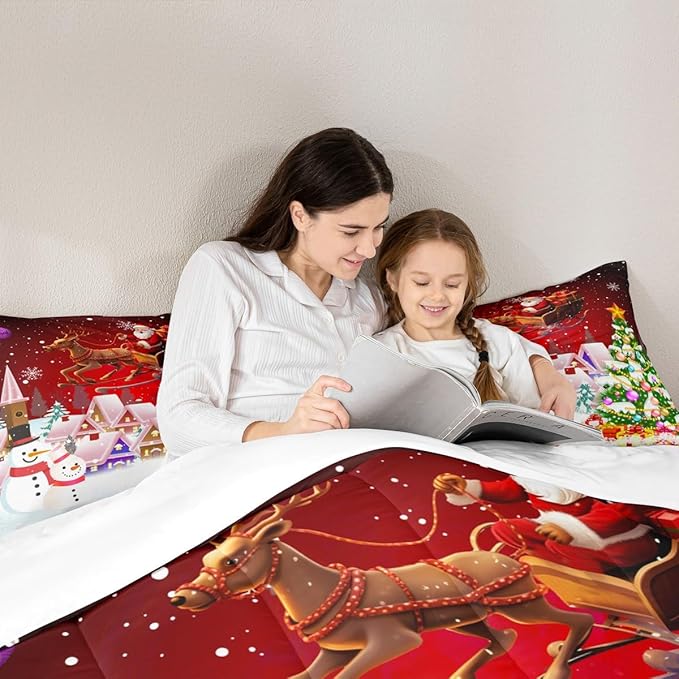 Manfei Christmas Comforter Set King Size, Snowman Xmas Tree Bedding Set 3pcs for Kids Boys Girls Room Decor, Santa Claus with Reindeer Quilt Set New Year Theme Duvet Set with 2 Pillowcases