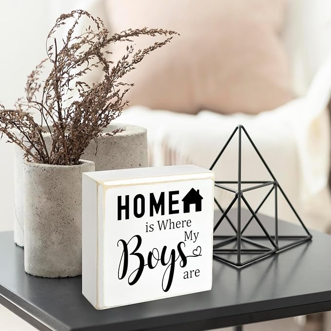 Inspirational Home is Where My Boys are Sign, Home Shelf Cubicle Table Desk Decor, Living Room Bedroom Family Decor Boy Mom Momma Gifts for Women 4" x 4"x 1.8"