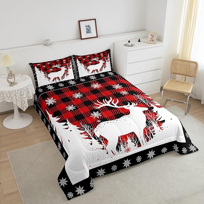 Manfei Christmas Comforter Set Queen Size, Xmas Deer Tree Snowflake Print Bedding Set 3pcs for Kids Boys Girls Bedroom Decor, Black Red Plaid Print Quilt Set with 2 Pillowcases