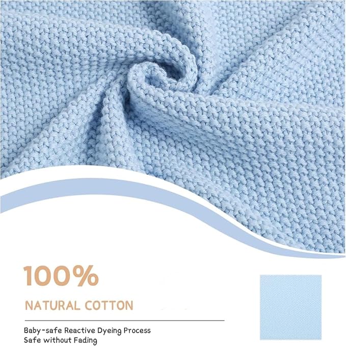 Baby Knit Blanket Soft Breathable Cotton Scallop Border Blankets Newborn Knitted Blanket Swaddle Blankets Gifts for Baby Newborn Toddler Shower Boy Girl New Mom Birthday Christmas Blue 30x30