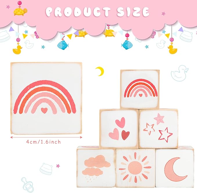 Kigley 6 Pcs Rainbow Nursery Decor for Girls and Boys Nursery Watercolor Shelf Decor Muted Rainbow for Minimalist Neutral Moon, Stars, Clouds Baby Blocks for Bedroom Playroom Gifts