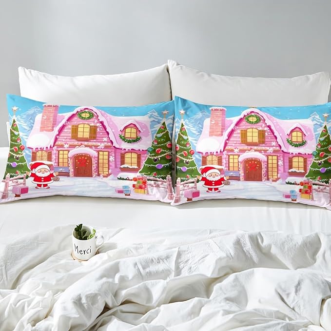 Feelyou Merry Christmas Pink Comforter Cover Set Cartton Cute Santa Claus Bedding Set Twin Size for Kids Boys Girls Bedroom Bed Decor Xmas Duvet Cover Set Soft Quilt Cover,No Comforter