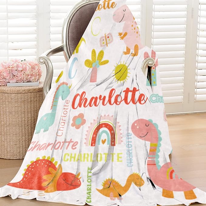 Personalized Dinosaur Blanket with Name for Girl, Custom Name Blanket for Kids, Soft Flannel Pink Dinosaur Toddler Blanket Customized Gift for Birthday Christmas Baby Shower Newborn Gift 30" X 40"