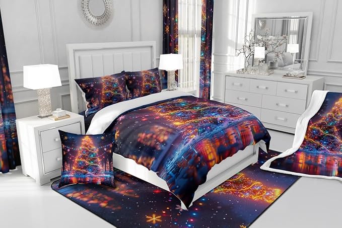 3D Christmas Tree Comforter Set Queen Size,Snowflake Glitter Polka Dot Bedding Set for Kids Boys Girls Room Decor,Merry Christmas Duvet Insert 3Pcs,Xmas Neon Style Fashion Quilt Set,2 Pillowcases