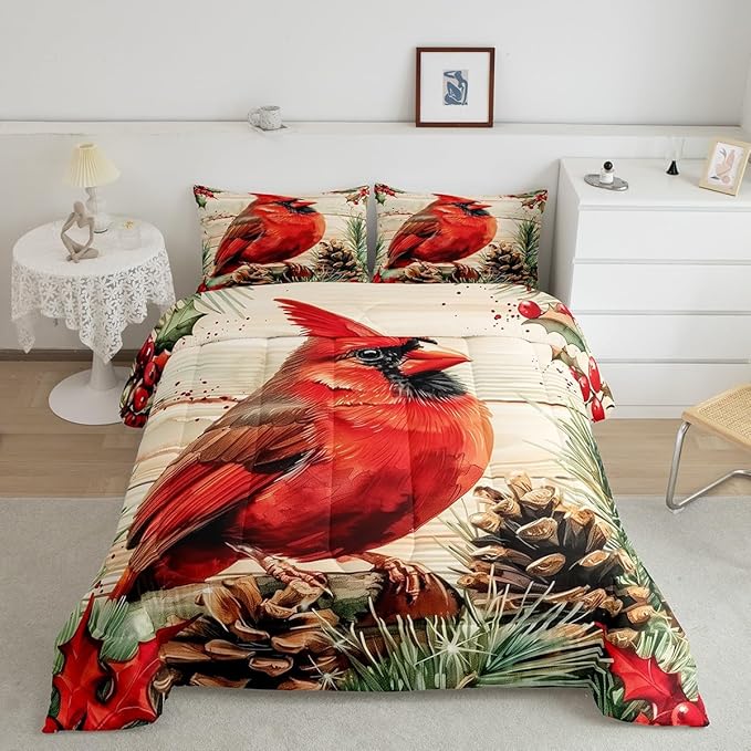 jejeloiu Kids Red Cardinal Comforter Set Queen Size Christmas Theme Bedding Set for Boys Girls Teens Xmas Birds Winter Rustic Wood Plank Animal Duvet Quilt Room Decor