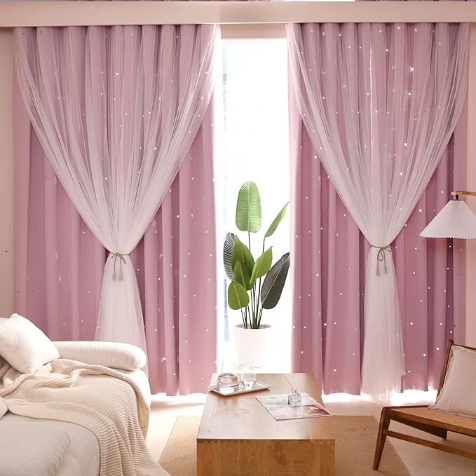 Kinryb Princess Curtains for Girls Bedroom with Sheer Overlay,Double Layer Curtain for Living Room with Star Cutout, Curtains for Kids Room (70 W*95 L Inches,2 Pcs Pink)