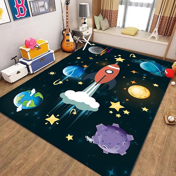 3x5ft Outer Space Rug - with Rocket and Planet Design, Non-Slip Washable,Kids Rugs for Playroom Easy Care Rug, for Children's Room, Toddlers, Classroom, Playroom, Baby Daycare