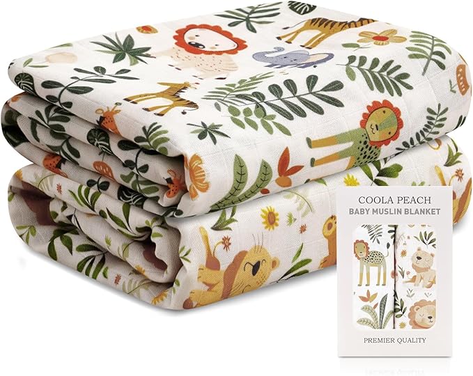 Baby Muslin Swaddle Blankets,2 Pack Receiving Blanket Baby Girl & boy,Large47 x 43 inches,Soft & Skin Friendly Swaddle Blanket Wrap(Animals)