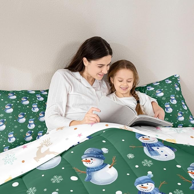 jejeloiu Kids Cute Winter Snowman Comforter Set Queen Size Green Christmas Theme Bedding Set for Boys Girls Teens Xmas Snowflake Happy New Year Duvet Quilt Room Decor
