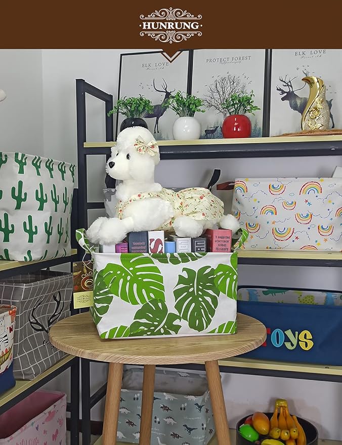 HUNRUNG Rectangle Storage Basket Cute Canvas Organizer Bin for Pet/Children Toys, Books, Clothes Perfect for Rooms/Playroom(Leaf)