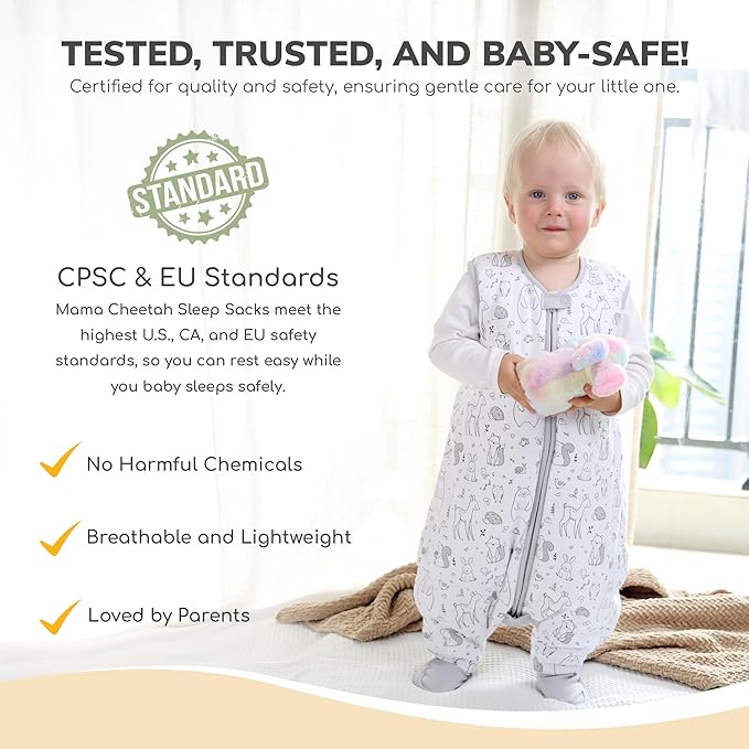 Mama Cheetah Toddler Sleep Sack with Feet 2T, 2.5 TOG Organic Cotton Baby Sleeping Bag with Legs, Baby Wearable Blankets for Walkers w/ 2-Way Zipper, Baby Sleep Sack for Girls Boys, Medium