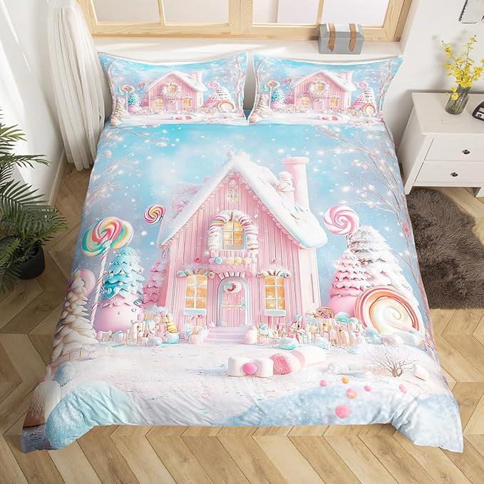 Manfei Christmas Kids Duvet Cover Set King Size, Cute Xmas Cabin Trees Bedding Set for Boys Girls Room Decor, New Year Theme Comforter Cover, Lightweight Bedspread Cover, 2 Pillowcases, No Comforter