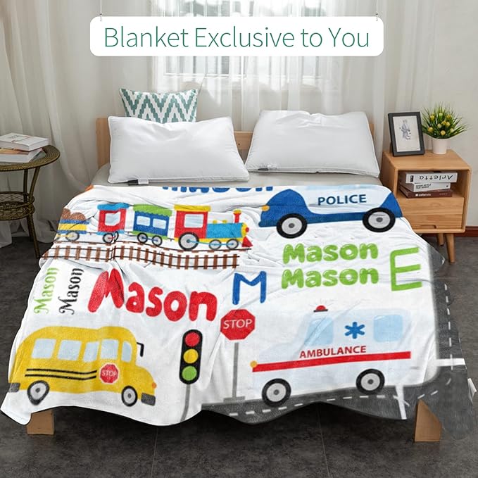 Personalized Blanket with Name for Boys, Traffic Car Transport Custom Name Blanket, Soft Flannel Toddler Blankets Customized Gift for Newborn Baby Shower Birthday-30 x40