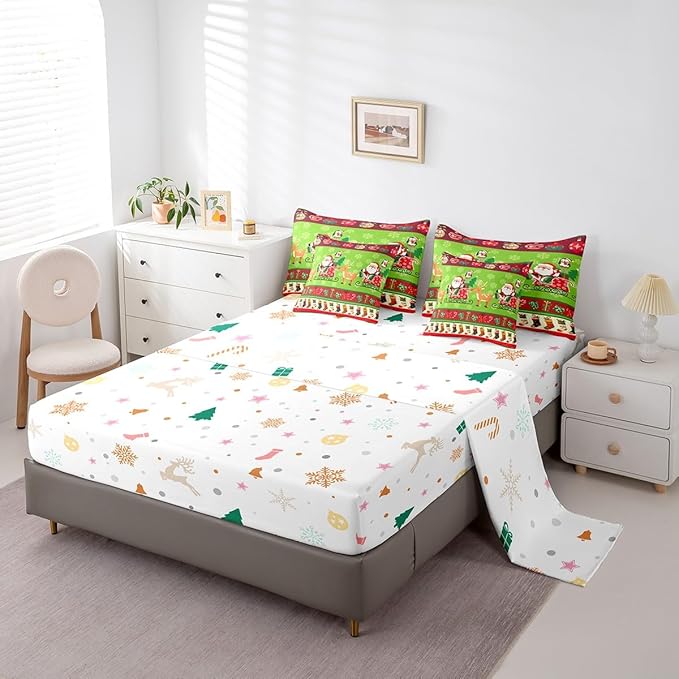 Feelyou Christmas Santa Claus Deer Bedding Set Cartoon Stockings Bedding Set for Kids Boys Girls Teens Decor Christmas Snowflake Bed in a Bag Kawaii Bed Set 7Pcs Queen Size