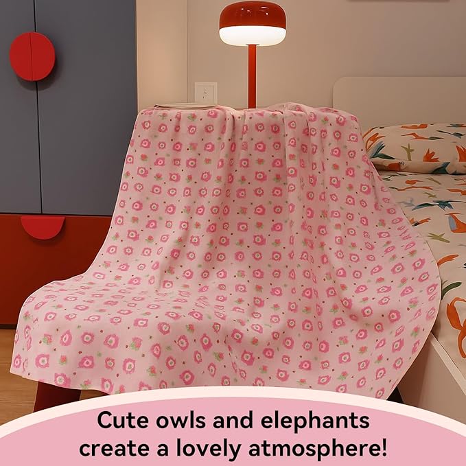 Kids Throw Blanket – Soft Cotton Toddler Blanket with Cute Owl & Pink Elephant Pattern, Lightweight Breathable Bed Throw with Stitched Edges, 40 x 60 in (101.6 x 152.4 cm)