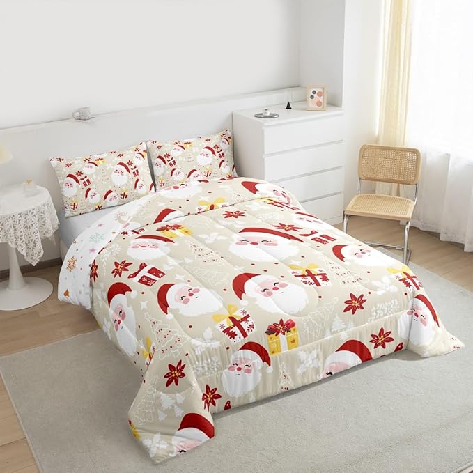 jejeloiu Santa Claus Comforter Set Full Size Merry Christmas Bedding Set for Kids Boys Girls Xmas Themed Duvet Quilt Beige Bedroom Decor