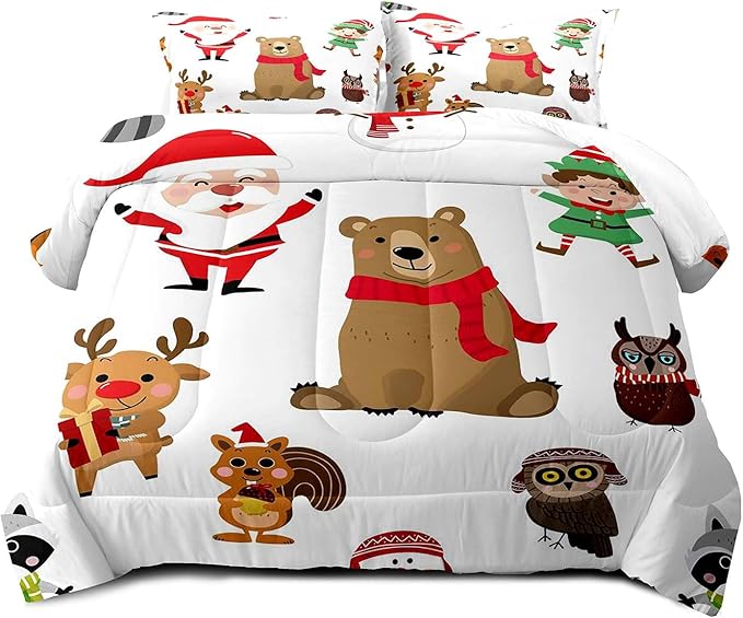 LUVIVIHOME 3PCS Merry Christmas Comforter Set Full Size, Boys Girls Kids Bedding, White Quilt, Funny Cute Cartoon Santa Claus Elf Owl Elk Reindeer Squirrel Xmas Christmas Bedroom Decor, 2 Pillow Shams