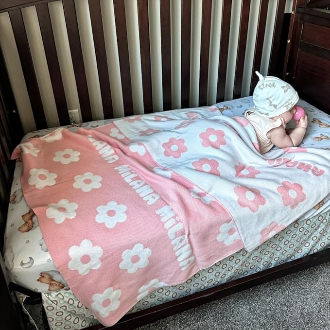 Personalized Icon Pattern Blanket – 100% Organic Cotton Customized Baby Blanket, Custom Name, Bassinet 30x40, Gift for Baby Shower, Birthday Present, Girls and Boys, Toddlers Kids, Made In America