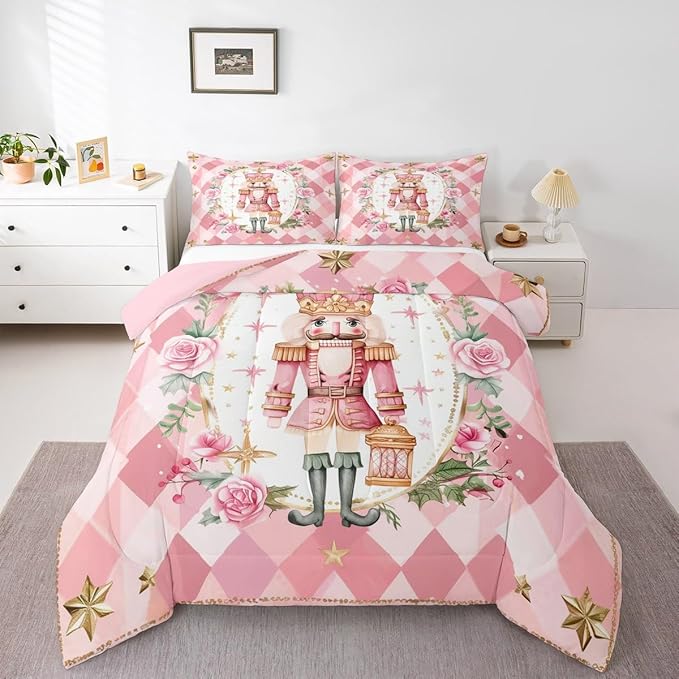 Feelyou Christmas Comforter Set Queen Size Pink Nutcrackers Bedding Set for Kids Boys Girls Floral Duvet Quilt Funny Nutcracker Bedroom Decor Rose Microfiber 3 Pcs with 2 Pillow Cases