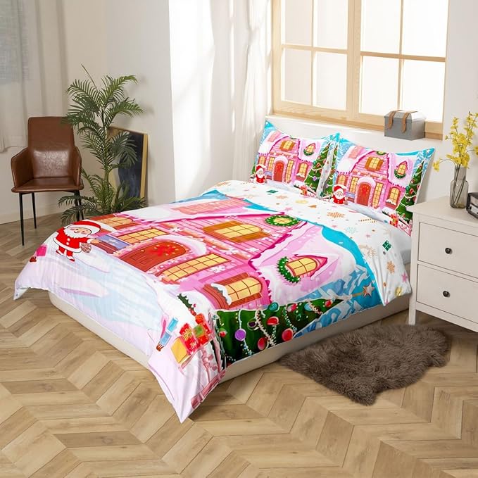 Feelyou Merry Christmas Pink Comforter Cover Set Cartton Cute Santa Claus Bedding Set Queen Size for Kids Boys Girls Bedroom Bed Decor Xmas Duvet Cover Set Soft Quilt Cover,No Comforter