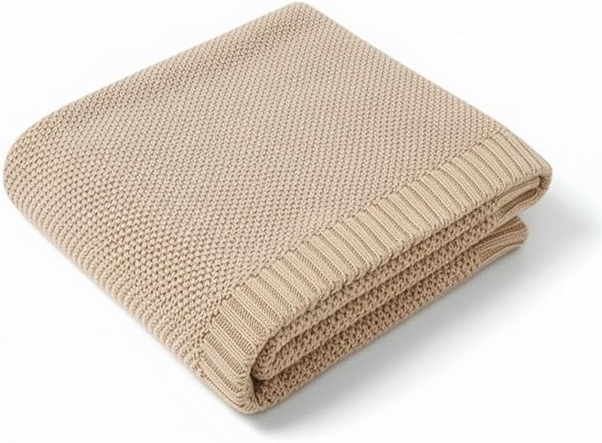 Baby Knit Blanket Soft Cotton Lightweight Newborn Blanket for Crib Stroller Toddler Nursery Shower Gift Cozy Breathable Travel Swaddle Wrap Beige 30 x 30 Inches