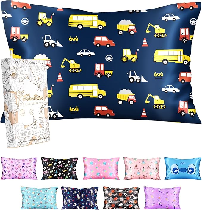 Silk Pillowcase for Kids - 30 x 20 Inches Queen Size Mulberry Silk Pillow Case with Zipper Cute Cartoon Kawaii Teens Girls Boys Pillowcase for Hair and Skin, Red Yellow Car