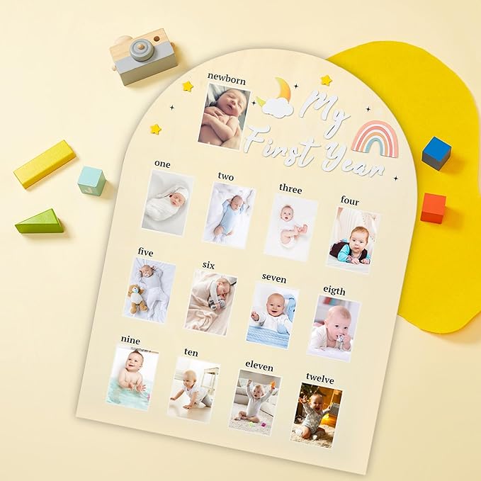 My First Year Photo Board - LIKEYO Wooden Photo Board Display My First Year Milestone Picture Frame, One Year Of Baby Photo Board, 12 Months Neutral Baby Keepsake Board, First Birthday Gifts Nursery Decor