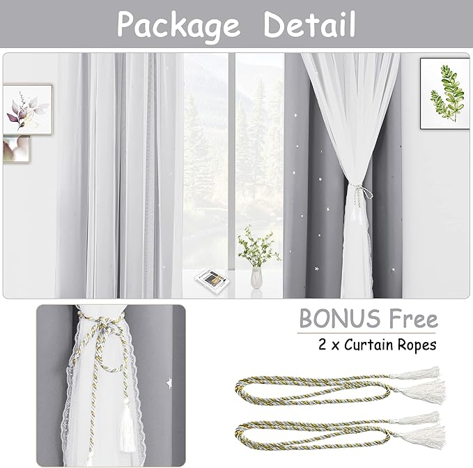 Kinryb Kids Blackout Curtains for Bedroom/Living Room/Classroom, Sheer Overlay 72 Inches 2 Panel Set, Double Layer Curtains with Star Cutout for Kids Room(W 52 x L 72 Inches,Silver Grey 2 Pcs)