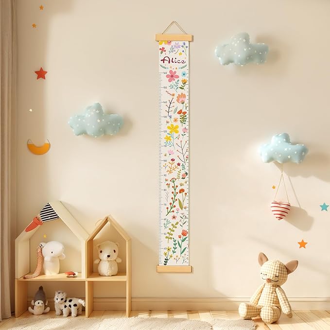 Personalized Name Growth Chart Wall Decor for Kids – Canvas Removable Height Chart Measuring Ruler 59" x 7.9" (Flowers and Plants)
