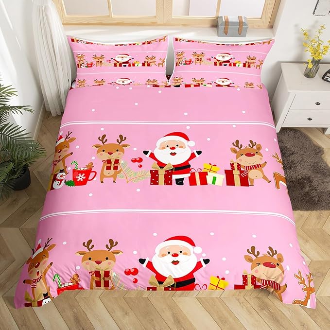 Christmas Bedding Duvet Cover Set Kids Cartoon Santa Claus Bedding Set Boys Girls Deer New Year Decor Comforter Cover Set Microfiber Gift Boxes Xmas Theme Bedspread Cover Bedroom Bedclothes Toddler