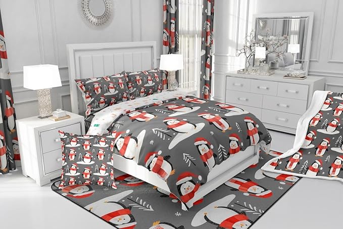 Feelyou Christmas Comforter Set All Season Penguin Bedding Set with 1 Pillow Cases Snowflake Microfiber Kids Twin Bedclothes Pine Tree Bedroom Decor Duvet Quilt Breathable Soft Lightweight