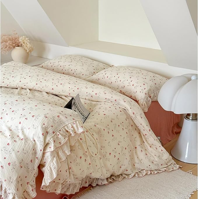 BuLuTu Rabbit Duvet Cover Full Bed Quilt Cover 79"x90" Soft Muslin Cotton Comforter Cover for Women Girls Elegant Ruffles Duvet Covers, All Seasons, No Pillow/Pillowcases
