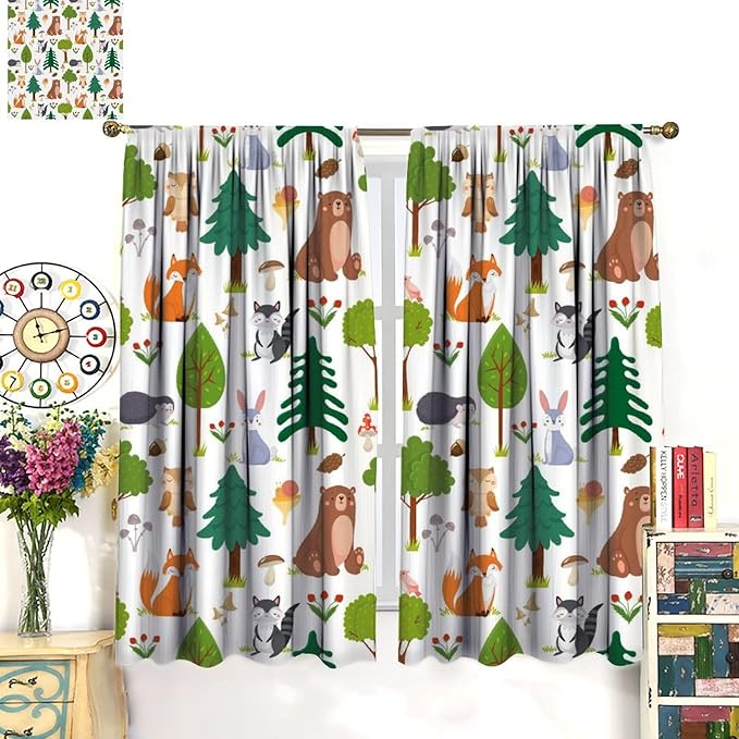 Jungle Animal Curtains, Woodland Animals Forest Pattern Blackout Window Treatments, Rod Pocket Thermal Insulated Drapes 2 Panel Sets for Kids Room Nursery Classroom, 42" W X 63" L