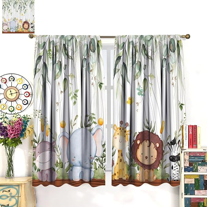 YCness Forest Animal Curtains, Watercolor Wild Animal Bear Fox Deer Kids Window Treatments for Living Room Bedroom, Green Woodland Tree Kids Drapes 2 Panel Sets,72x63 Inch