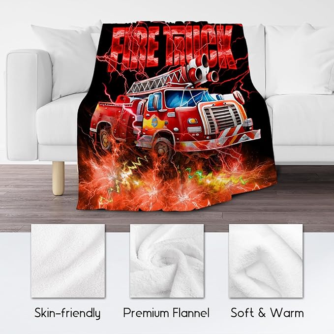 Kids Blanket Fire Truck Gifts for Toddler Boys Son, 60"x80" Fleece Soft Cozy Car Theme Throw for Bed Living Room