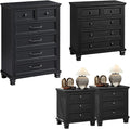 Farmhouse Bedroom Dresser and Nightstand Set of 4, 6 Drawer Tall & 5 Drawers Dresser & 3 Drawer Nightstand Set with Wooden Legs, Rustic Wood Furniture for Bedroom, Hallway, Black