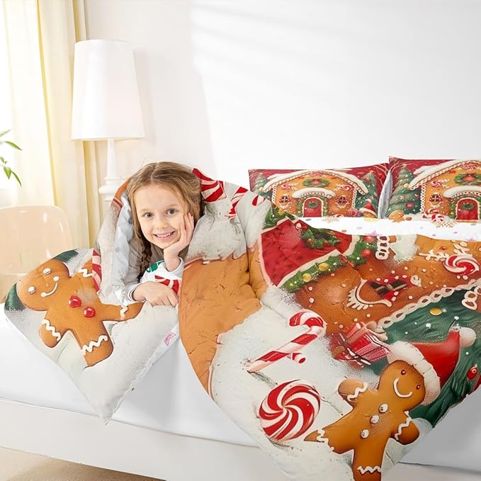 jejeloiu Kids Christmas Theme Comforter Set Queen Size Xmas Tree Gingerbread Man Bedding Set for Boys Girls Teens Candy Cane House Winter Happy New Year Duvet Quilt Room Decor