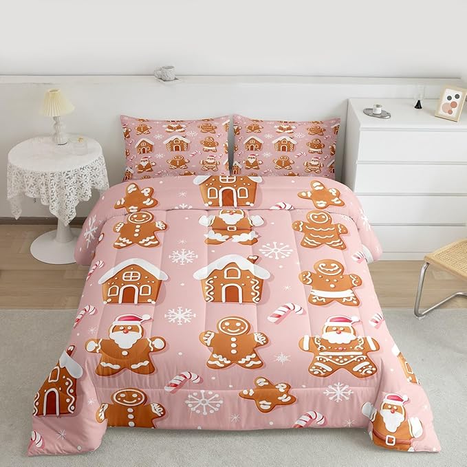 Feelyou Christmas Comforter Set All Season Gingerbread Man Bedding Set with 2 Pillow Cases Santa Microfiber Kids Full Bedclothes Snowflake Bedroom Decor Duvet Quilt Breathable Soft Lightweight