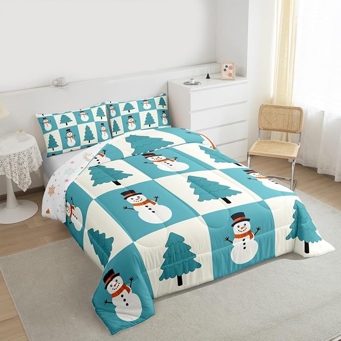 Feelyou Merry Christmas Comforter Set All Season Snowman Bedding Set with 1 Pillow Cases Xmas Tree Microfiber Kids Toddler Bedclothes Bedroom Decor Duvet Quilt Breathable Soft Lightweight