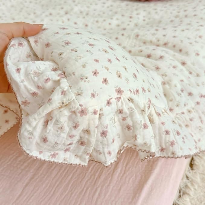 BuLuTu Chic Princess Duvet Cover Full for Teens Girls Pink Floral Comforter Cover 79"x90", Cotton Muslin Quilt Cover with Ruffles Vintage Cottage Bedding, Zipper Closure, No Pillow