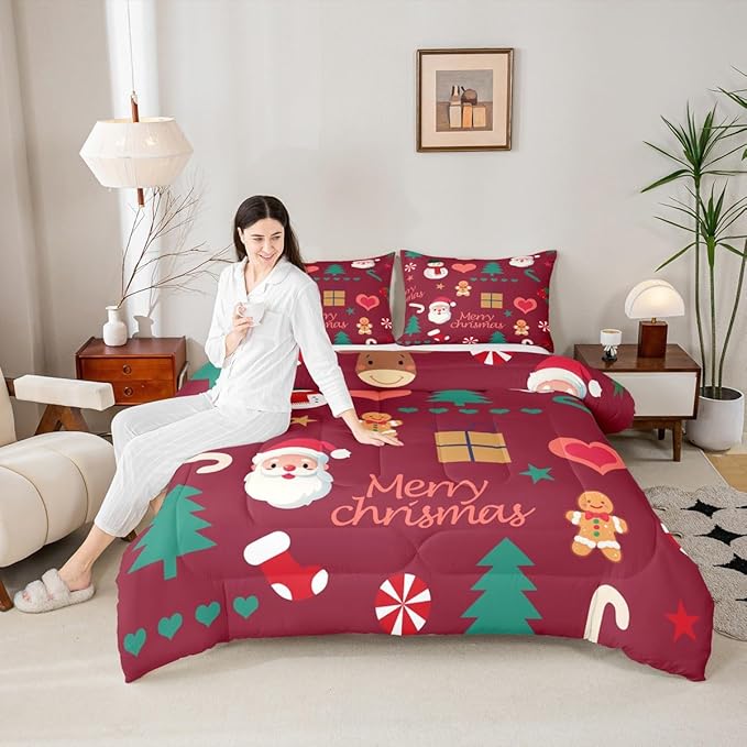 Feelyou Merry Christmas Comforter Set All Season Santa Claus Snowman Bedding Set with 2 Pillow Cases Gingerbread Man Microfiber Kids Full Bedclothes Xmas Tree Deer Bedroom Decor Duvet Quilt Soft