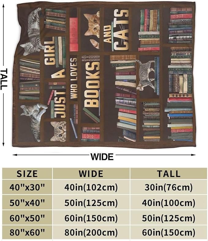 Cute Cat Themed Blanket Just a Girl Who Loves Books and Cats Throw Blankets for Kids Adults Lovers Warm Soft Plush Funny Animal Stuff Fleece Flannel Throws Reading Gifts for Girls Women 50"x40"