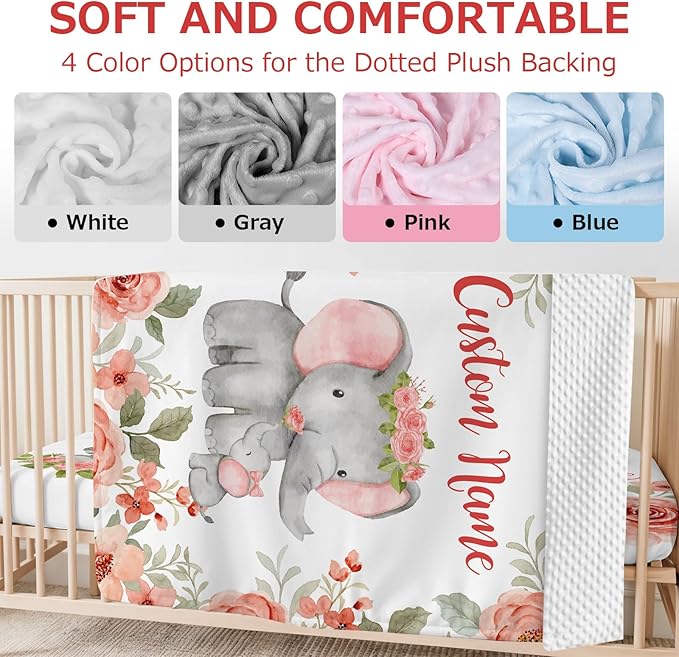 Personalized Baby Crib Bedding Set,3 Piece Custom Name Nursery Set with Blanket, Fitted Sheet & Pillowcase for Baby Girls & Boys, Elephant Floral Theme(Fixed Size)